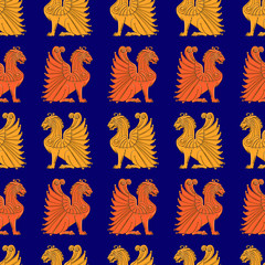 Winged lion pattern on blue background