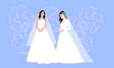Beautiful lesbian couple in white wedding dresses. Same-sex family. Gay marriage. For wedding invitation, Save the Date cards, rsvp etc