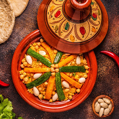 Vegetable tagine with almond and chickpea couscous