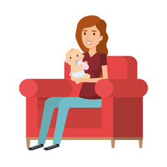mother lifting little baby seated in sofa