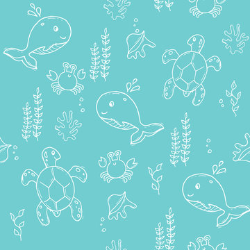 Sea life mint contour jungle seamless tropical exotic pattern 
