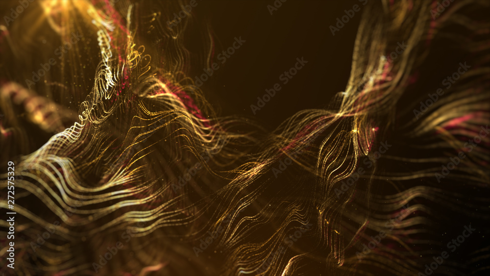 Poster Futuristic Swirling Particles flowing digital particles wave de-focus virtual reality abstract cyber space environment background