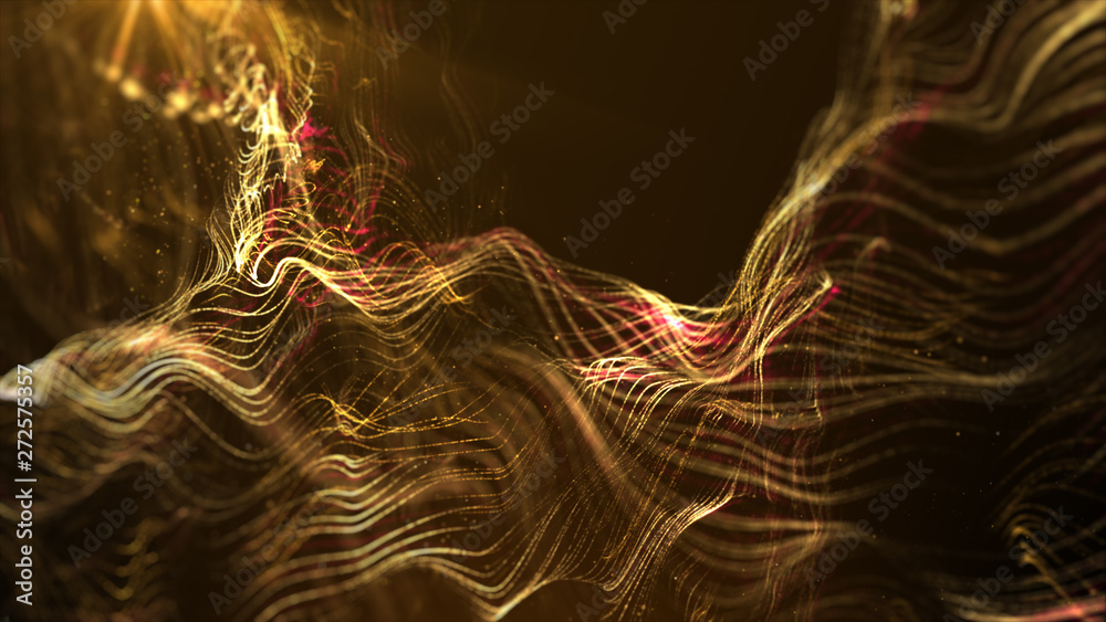 Poster Futuristic Swirling Particles flowing digital particles wave de-focus virtual reality abstract cyber space environment background