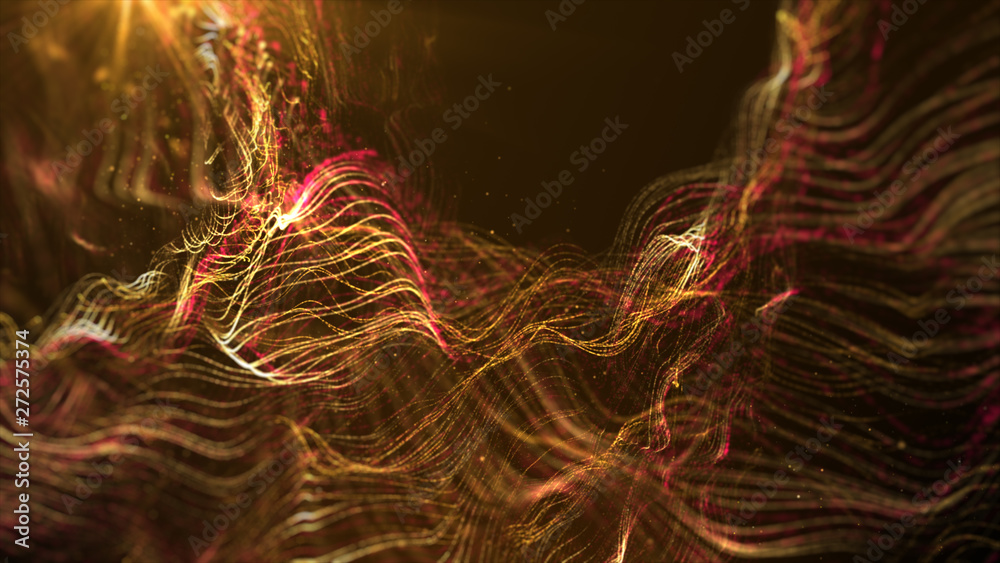 Poster Futuristic Swirling Particles flowing digital particles wave de-focus virtual reality abstract cyber space environment background
