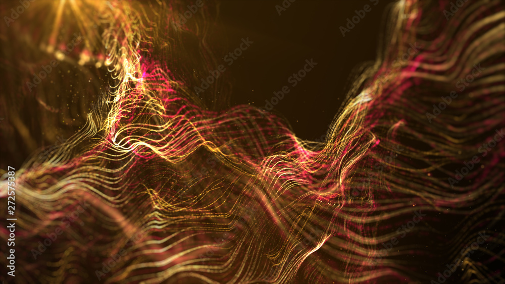 Poster Futuristic Swirling Particles flowing digital particles wave de-focus virtual reality abstract cyber space environment background