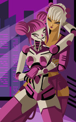 cyberpunk science fiction woman with female robot sensual couple