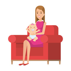 mother lifting little baby seated in sofa