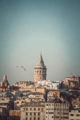Fototapeta na wymiar Galata Tower seen from the other side of the Bosphorus canal. Istanbul, Turkey