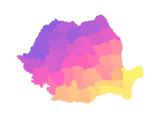 Vector isolated illustration of simplified administrative map of Romania. Borders of the counties. Multi colored silhouettes
