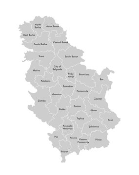 Vector isolated illustration of simplified administrative map of Serbia. Borders and names of the districts (regions). Grey silhouettes. White outline