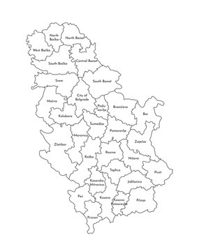 Vector isolated illustration of simplified administrative map of Serbia. Borders and names of the districts. Black line silhouettes