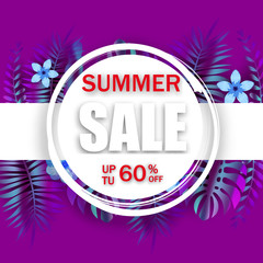 Summer sale banner template advertising promotional sale floral banner with trend holographic tropical plant leaves background