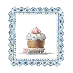 High quality hand painted watercolor cupcake in frame  design for dessert cafe menu,coffee shops,greeting cards,packaging,for party wedding invitations,scrapbooking paper,stationery, blog design,D.I.Y