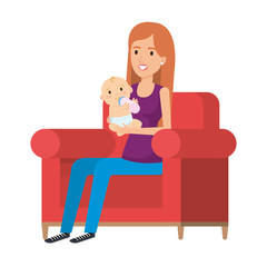 mother lifting little baby seated in sofa