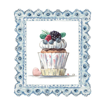 High quality hand painted watercolor cupcake in frame  design for dessert cafe menu,coffee shops,greeting cards,packaging,for party wedding invitations,scrapbooking paper,stationery, blog design,D.I.Y