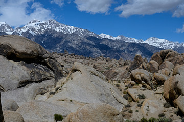 Traveling in South California around Lone Pines. Landscape with snowed Mountain Whitney on the back 