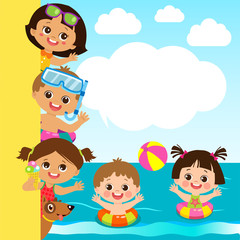 Flat Illustration Happy Children Vector Banner With Space For Text. Hello Summer Boy And Girl Frame. Group Of Children Play On The Beach.