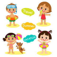 Happy Kids On The Beach Vector Set. Cartoon Flat Style Children In Beach On Summer Holidays. Summer Boy And Girl Illustrations On A White Background.