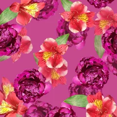Behang Beautiful floral background of red alstroemeria and burgundy peonies. Isolated © Ann-Mary