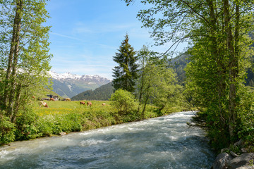 View to Tuxertal valley with Tux river and Zillertal alps near village Juns and Hintertux glacier in summer, Tirol Austria Europe