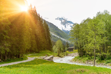 View to Tuxertal valley with Tux river and Zillertal alps near village Juns and Hintertux glacier...