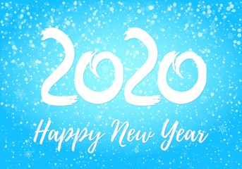 Merry christmas and 2020 happy new year postcard with falling snow in the dark, frozen numbers 2020, snowdrifts, flat style design vector illustration on black background. Year of the metal rat.