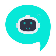 Robot chatbot head icon sign in the speech bubble flat style design vector illustration isolated on white background. Cute AI bot helper mascot character concept symbol business assistant.