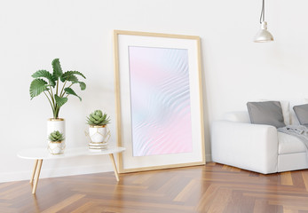 Wooden frame leaning in bright white living room with plants and decorations mockup 3D rendering