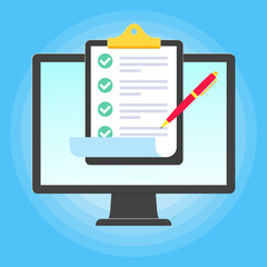 Monitor or All in one pc flat design with clipboard and check marks tick  popped above the screen icon signs vector illustration. Technology concept of online survey isolated on blue background.