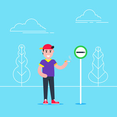 Boy smokes cigarette near smoking sign flat style vector illustration isolated on light blue background. Concept no smoking areas.