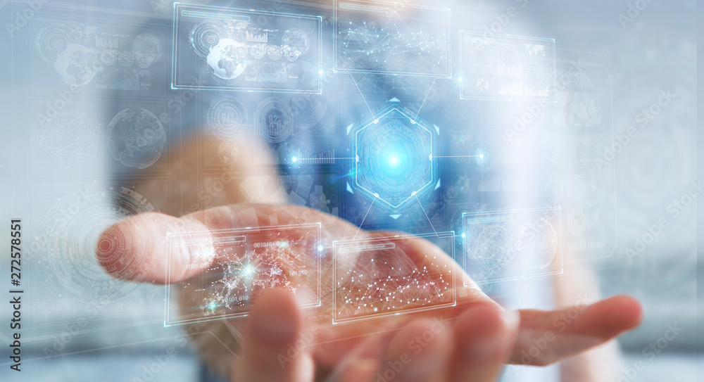 Poster Businessman using digital technological interface with datas 3D rendering