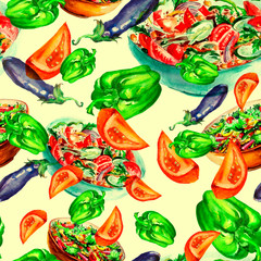 Seamless vintage watercolor pattern, background set of vegetables, peppers, eggplant and tomato slice. Vintage. Fresh vegetable and green leaf salad dish