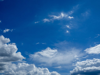 Sunny background, blue sky with white clouds and sun, Natural landscape