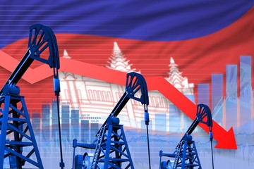 lowering, falling graph on Cambodia flag background - industrial illustration of Cambodia oil industry or market concept. 3D Illustration