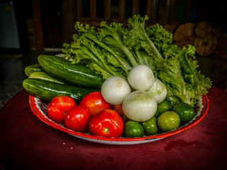 Fresh fruits and vegetables in a Thai style tray