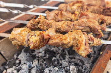 Meat on skewers roasted over charcoal