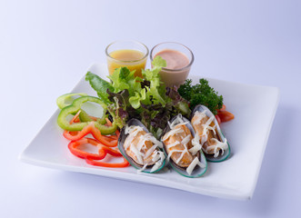 Mussel salad with seabags, Healthy menu with sweet peppers, salad vegetables and salad dressing