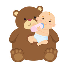 cute little baby girl with milk bottle and bear teddy