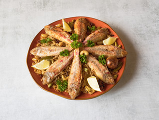 Arabian Fish Kabsa. Fish Biryani. Top view.