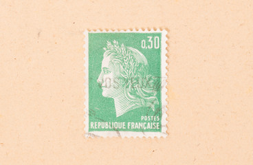 FRANCE - CIRCA 1970: A stamp printed in France shows portrait of a woman, known as Liberty, after Eugene Delacroix, circa 1970