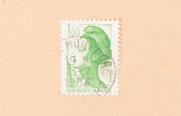FRANCE - CIRCA 1980: A stamp printed in France shows portrait of a woman, known as Liberty, after...