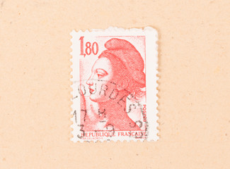 FRANCE - CIRCA 1980: A stamp printed in France shows portrait of a woman, known as Liberty, after Eugene Delacroix, circa 1980