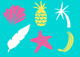 Fototapeta na wymiar Tropical collection for summer beach party exotic leaves, pineapple, palms and fruits. Vector design isolated elements on the white background