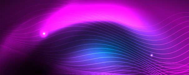 Smooth wave lines on blue neon color light background. Glowing abstract wave on dark, shiny motion, magic space light