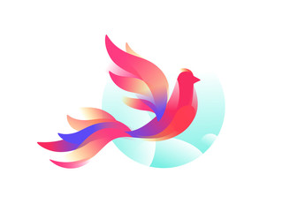 Logo of a bird. A fabulous bird. Image in a flat style on a white background. Pink birdie symbol of the company. Brand name, emblem for the store. Cosmetics, yoga studio. Feathered creature.