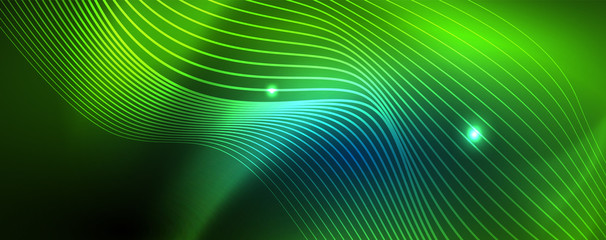 Fototapeta premium Smooth wave lines on blue neon color light background. Glowing abstract wave on dark, shiny motion, magic space light