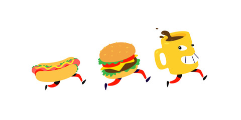 Characters hamburger, hot dog, coffee mug. Logos for fast food. Funny illustration for food delivery. Cartoon badges, emblems for restaurant and cafe. Mascot for the menu.