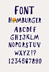 Font Hamburger. The alphabet for the inscriptions. A set of letters for texts.  Each letter separately. Corporate font for fast food, menus, advertising. Chopped letters. Cartoon style.
