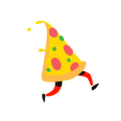 Illustration of a running slice of pizza. Character for pizzeria and fast food. A cute hero for your startup.