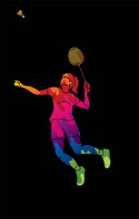 Fototapeta na wymiar Badminton female player action with racket and shuttlecock cartoon graphic vector.